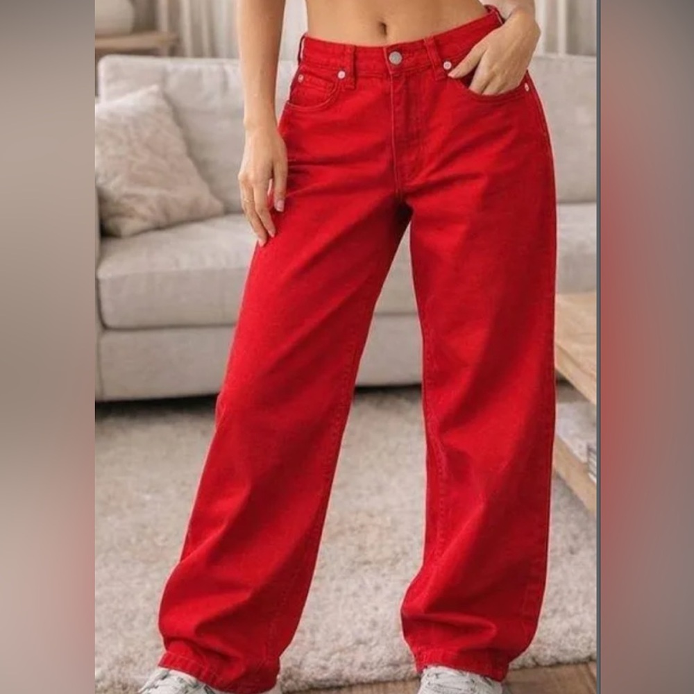 Red Women's Low-Rise Wide Leg Baggy Jeans - Wild Fable